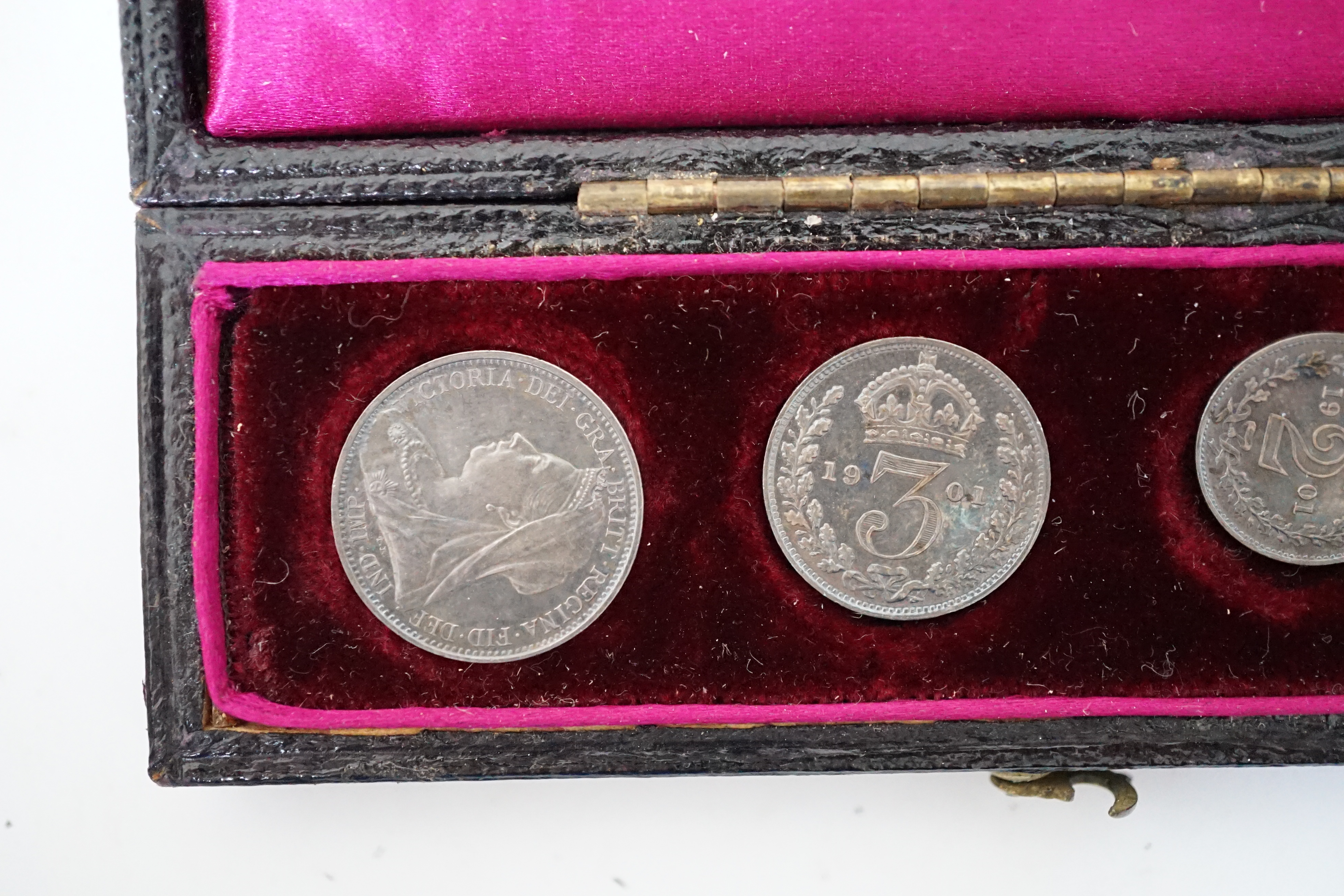 British silver coins, Victoria Maundy coin set, 1d - 4d, 1901, UNC, cased, 1895 crown, good fine, 1889 double florin, 1887 halfcrown, George IV shilling 1826, George V Crown, 1928, good VF, toned, and other various coins